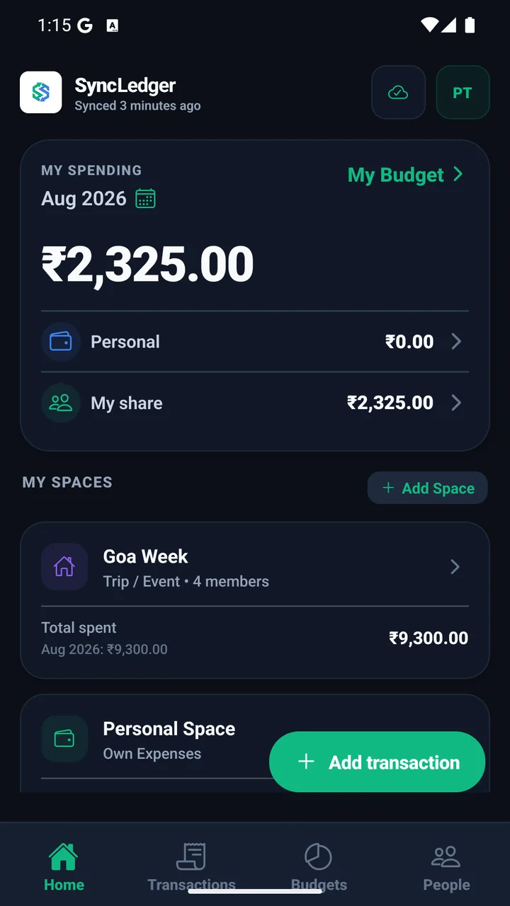 The SyncLedger home screen showing monthly spending, the personal total, my share, and a list of ledger spaces.