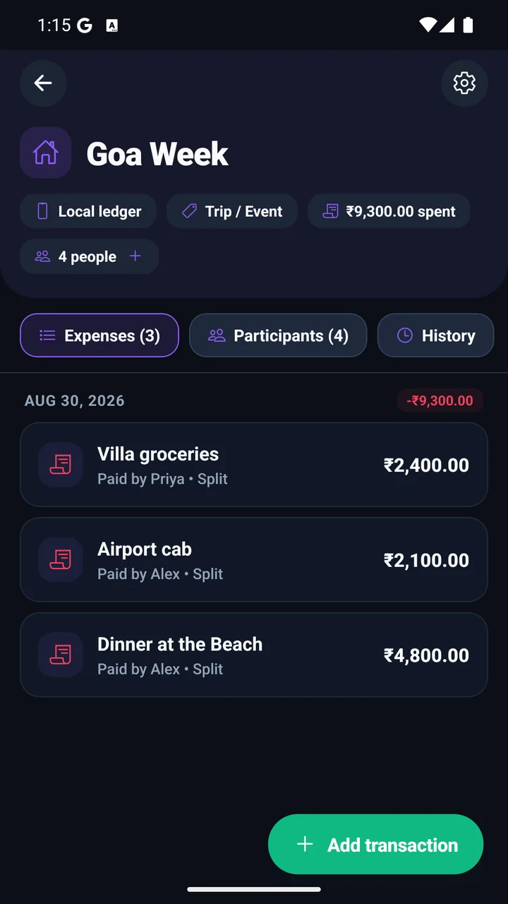 A shared SyncLedger ledger named Goa Week, showing its expense list, participants and total spent.