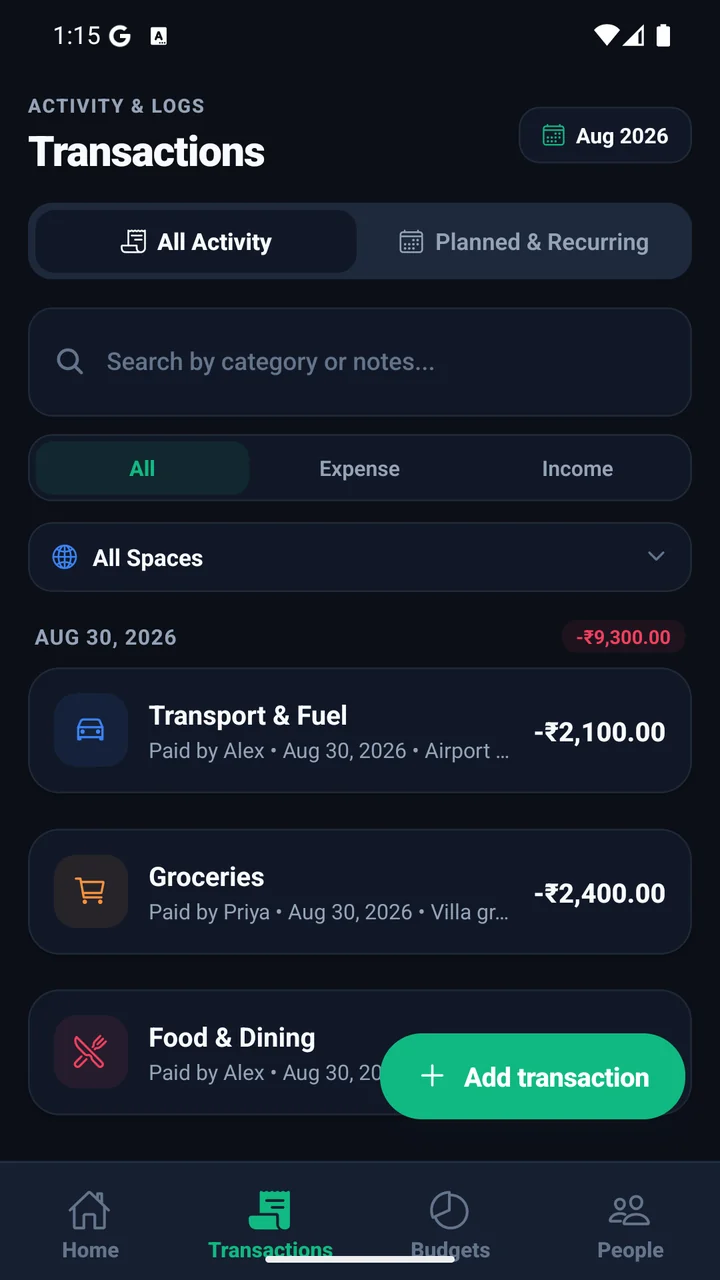 The SyncLedger Transactions screen, listing a day of expenses with categories, payers and amounts.