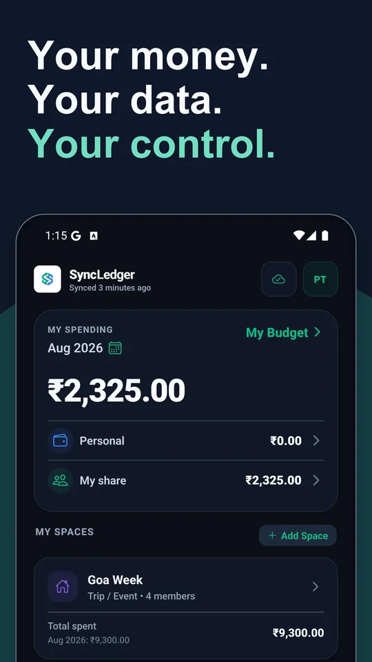 Google Play artwork for the SyncLedger home screen, captioned your money, your data, your control.