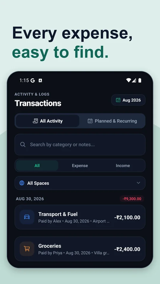 Google Play artwork for the transactions list, captioned every expense, easy to find.